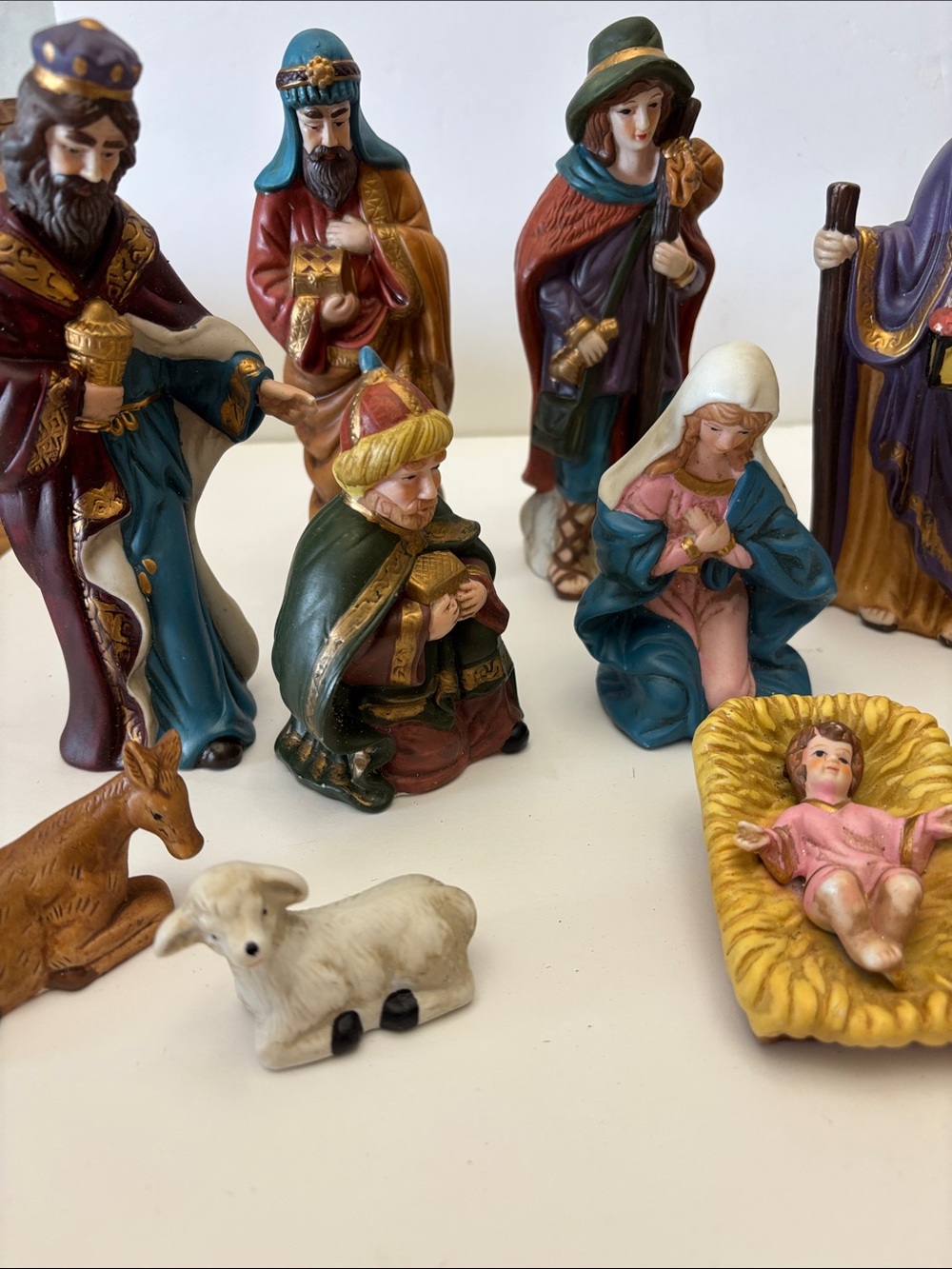 Vintage Nativity Figurine Set in Blue, Purple, Gold and Brown